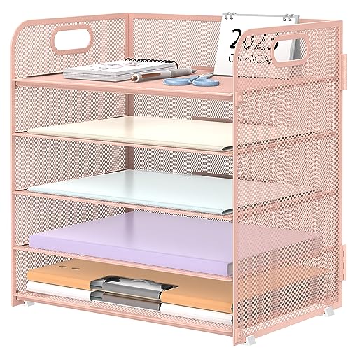 Supeasy 5 Trays Paper Organizer Letter Tray with Handle-Mesh Desk File Holders, Paper Sorter Desk Organizer for Office, Home, Classroom or School, Pink - color: Pink