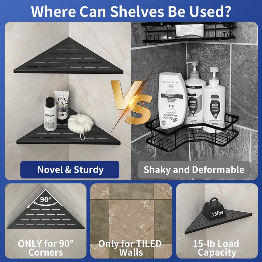 Corner Shower Shelf, 12" Matte Black 304 Stainless Steel Slot Design Recessed Corner Shelves 2 Pack Bathroom Grout in Shelf for Tiled Wall, Large Size - color: Matte Black, size: 12"-2 Pack
