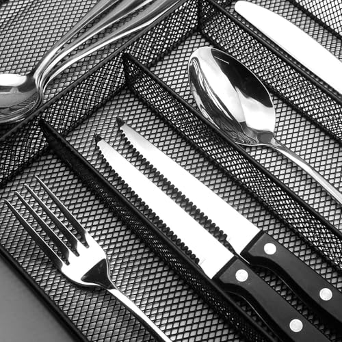 Sedegn Silverware Organizer Metal Mesh, Large Drawer Organizer, Utensil Cutlery Tray for kitchen drawers, Flatware Organizer with 6 Compartment, Black (11.3”*16“) - color: Black, size: 11.3”*16"