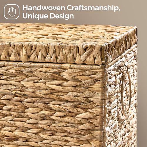 Handwoven Storage Basket with Lid, 165L Wicker Storage Bin, Natural Water Hyacinth, Leather Buckle & Metal Frame, Metal Ring Handles for Easy Transport, Storage Chest & Trunk for Bedroom, Living Room - color: Natural Water Hyacinth, size: 165L-Flat Lid