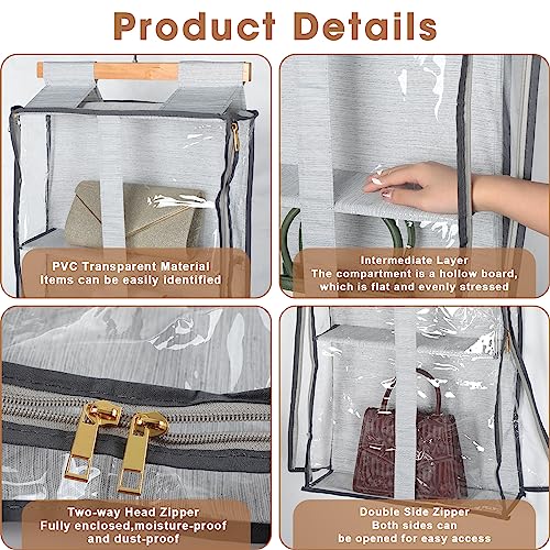 Silkfly 2 Pack Hanging Purse Organizer for Closet Clear Handbag Storage Hanger with Zipper Holder over The Door Wardrobe Tote Bag Storage Holder for Bedrooms Living Room(Gray) - color: Gray