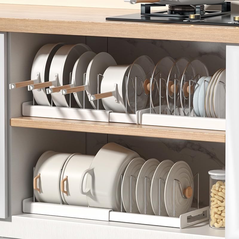 OMIO Expandable Pots and Pans Organizer Rack Under Cabinet, 12"-22" Adjustable Lid Holder with 7 Stainless Steel Dividers, White ABS Kitchen Storage for Lids, Pans, Cutting Boards - color: White Gray