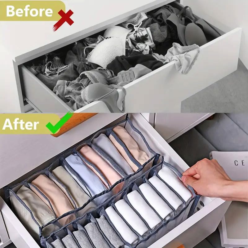 Socks Drawer Organizer Dividers, Foldable 11 Cell Drawer Organizers, Mesh Clothing Organizer Box for Socks Underwear,Grey - color: Grey