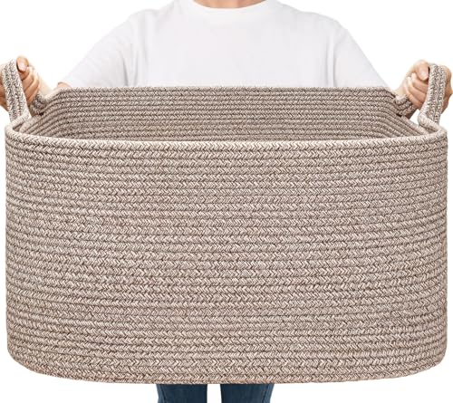 Goodpick Large Woven Storage Basket, 21.6" x 14.9" x 11.8" Blanket Basket for Living Room, Bedroom, Rectangle Rope Storage Organizer for Clothes, Toys, Brown - color: Brown, size: Large(21.6"L x 14.9"W x 11.8"H)