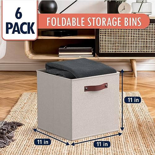 Ornavo Home 11 x 11 Storage Cube Bins, Foldable Collapsible Fabric Storage Bins Box Linen Shelf Basket Cube Organizer for Closet with Leather Handles, 6 Pack, Beige - color: Beige, size: Cube - 11 x 11 x 11