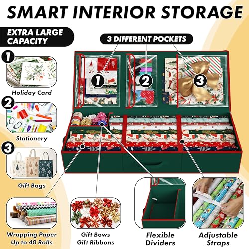 Simple Houseware 41.5" Wrapping Paper Storage Organizer - Fits 40 Rolls with Adjustable Straps, Interior Divider for Ribbons & Bows, 3 Clear Pockets for Gift Bags & Tools, 41.5''L x 16''W, Green - color: Green