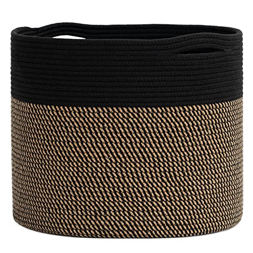 Goodpick Woven Rope Storage Basket, Blanket Basket for Towel, Shoe, Clothes, Large Toy Storage for Playroom, Living Room, Nursery, Toy Bin, Black - color: Black & Mix Jute, size: 15.8x15.8x13.8 Inch (Pack of 1)