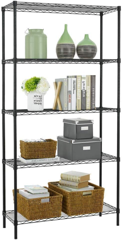 BestOffice | 5-Tier Wire Storage Shelves | 36x14x72 | Black | with Adjustable Racks | Heavy-Duty Metal Shelf, Holds Upto 1000 lbs | No-Tool Assembly | Ideal for Home & Garage Shelving - color: Black, size: 36"D x 14"W x 72"H