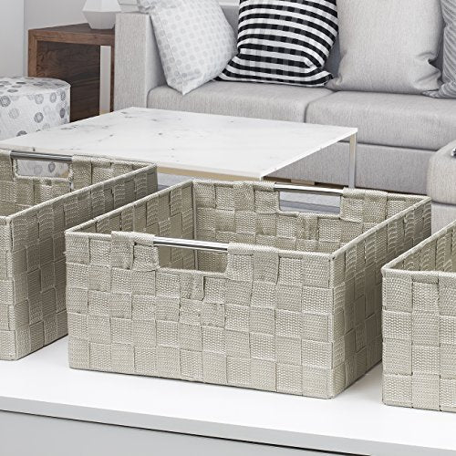 Sorbus Storage Box Woven Basket Bin Container Tote Cube Organizer Set Stackable Storage Basket Woven Strap Shelf Organizer Built-in Carry Handles (Beige) - color: Beige