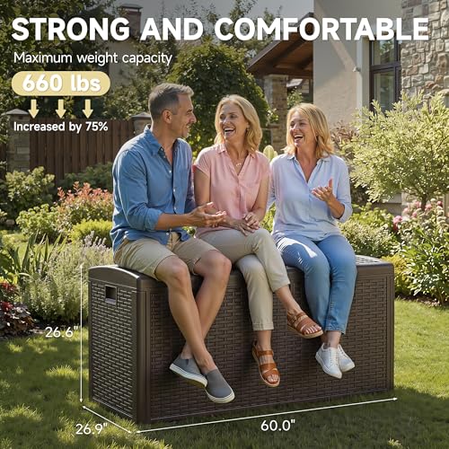 150 Gallon Deck Box, Double Layer Waterproof Resin, Lockable & UV Resistant Storage Box for Patio, Garden, Pool, Brown - color: Brown, size: 150 Gallon-Double Layer