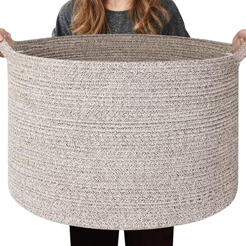 Extra Large Blanket Basket, Woven Cotton Rope Baskets for Organizing 22"x14", Kids Dog Toy Bin Box, Wicker Blanket Storage for Living Room Nursery, Big Throw Pillow Holder Organizer, Brown - color: Brown