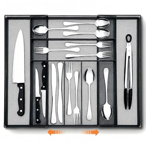1 Pcs Utensil Drawer Silverware Organizer, Metal Mesh Expandable 13" ~24" Kitchen Drawer Organizer, 7-9 Slots Cutlery Tray Dividers for Kitchen Flatware Christmas Housewarming Gift (Black) - color: Black