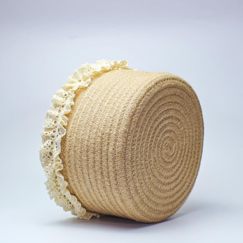 Yimi's Dream Basket for Gifts, Small Cute Round Baskets for Baby, Wedding, Birthday, Mini Decorative Jute Rope Baskets for Home Decor (Brown, 8"x 8"x 5") - color: brown with lace, size: Round - 8''x8"x5"