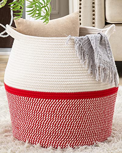 KAKAMAY Woven Baskets for Storage(17"x17"),Large Cotton Rope Woven Baby Laundry Hamper,Collapsible Laundry Basket, Blanket Basket for Organizing Living Room,Nursery,Pillows,Toy Chest(Red) - color: Red