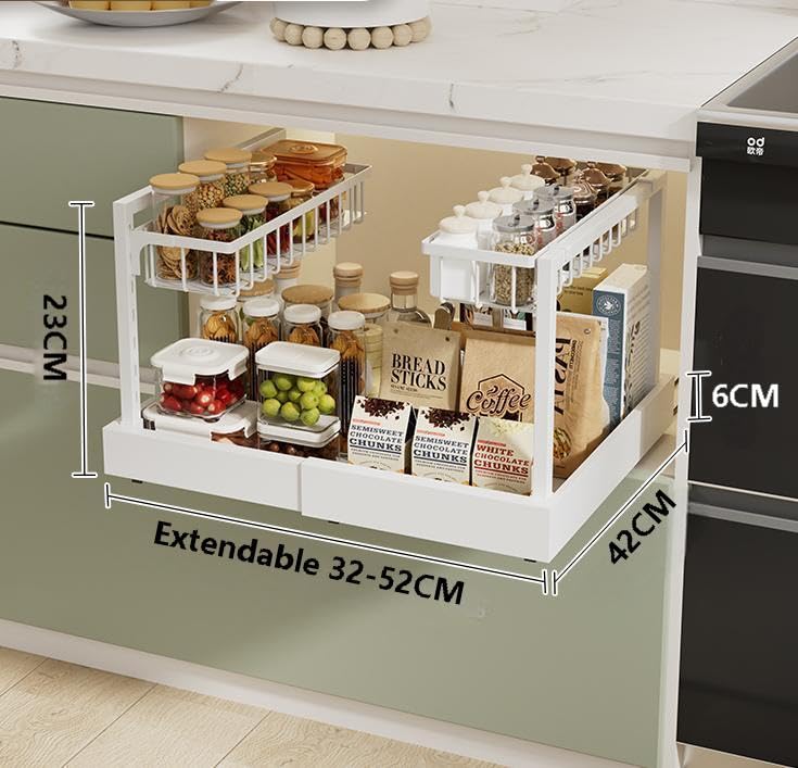 Under Cabinet Organizer Rack, White Metal 2-Tier Storage Shelf, Expandable 32-52cm Width, Modern Style, Kitchen Counter Organization with Hardware
