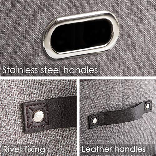 PRANDOM Large Foldable Storage Bins for Shelves [3-pack] Decorative Linen Fabric Storage Baskets Cubes with Leather/Metal Handles for Closet Nursery Office Grey and Black Trim (14.9x9.8x8.3 Inch) - color: Grey&black Trim, size: Large(3-Pack)