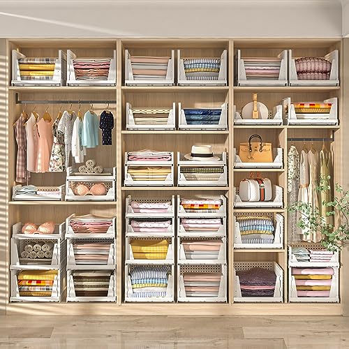 5 Packs Stackable Plastic Storage Basket for Closet Foldable Closet Organizers and Storage Bins for Shelves Storage Drawer Container for Clothes, Wardrobe, Pantry, 5L - color: White