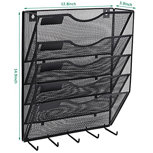 EASEPRES 5 Pocket Mesh Hanging File Organizer with Key Holder Hooks & Nametag Label, Wall Mounted Mail Paper Document Folder Storage Organization Magazine Rack for Office Cubicle, 5 Tier Black - color: Black, size: 5 Tier & Key Holder