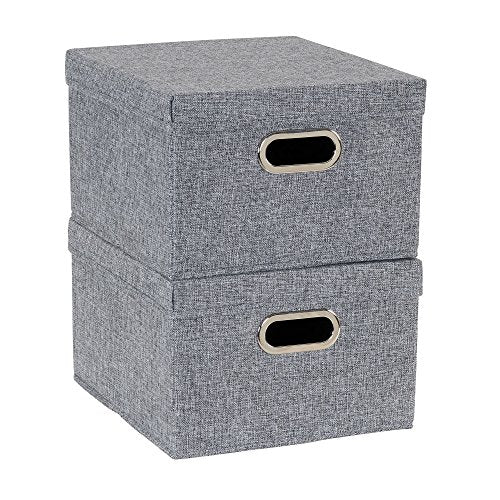 Household Essentials Collapsible Cotton Blend Storage Box with Lid and Metal Grommet Handle, Set of 2, Grey - color: Gray, size: 2 Count