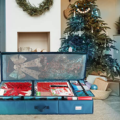 Hearth & Harbor Wrapping Paper Storage Container with Ribbon Storage Organizer - Christmas Storage Bag with Extra Interior Pockets - Gift Wrapping Organizer Storage Fits Up to 26 Rolls of 40" Length - color: Blue, size: Large (Pack of 4)