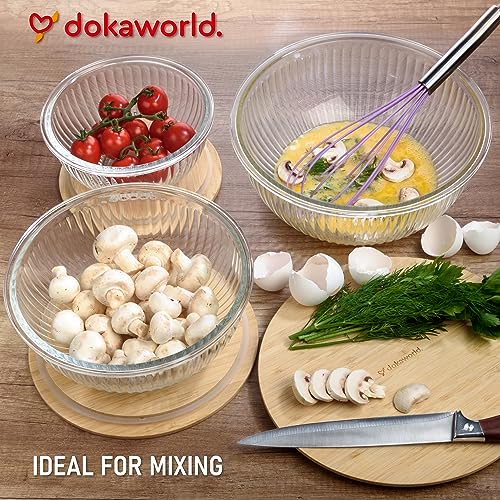 Stackable Space-Saving Nesting Set of 3 Glass Bowls with Bamboo Lids for Foodprep, Storage, Mixing & Cooking - Microwave & Oven Safe BPA Free Durable Heat Resistant Inert Borosilicate Glass - color: 3 Mixing Bowls with Bamboo LIds (Ribbed)