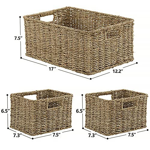 HOONEX Large Wicker Baskets for Storage, Seagrass Baskets with Dual Handles, Woven Baskets for Storage, Set of 3, Natural - color: Natural (Seagrass), size: 17"D x 12.2"W x 7.5"H