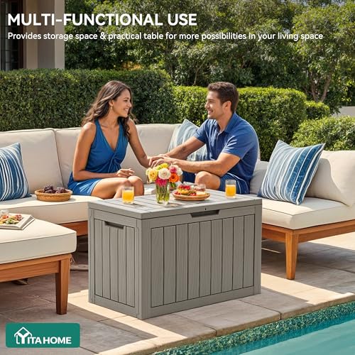 YITAHOME Outdoor Storage Box, 45 Gallon Waterproof Resin Deck Box, Lockable Organizer for Patio, Poolside, Deck, Cushions, Throw Pillows, Garden Tools, Brown - color: Taupe, size: 45 Gallon, style: Deck Box