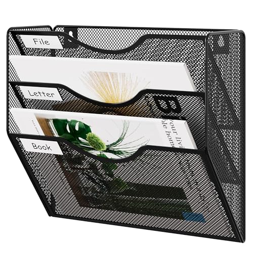 EasyPAG 3 Pocket Mesh Wall File Organizer, Hanging Paper Folder Holder with Classify Label, Vertical Wall Mount Mail Organizer for Office Home Classroom, Black - color: Black, size: 3 Tier