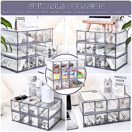 Desk Organizer with 12 Drawers, FODIENS 3 Packs Stackable Desktop Storage Box with Removable Drawer, Clear Sunglasses Organizer Display Case for Stationery Marker Pens Eyeglasses Office Supply - style: 3 Layers -12 Drawers
