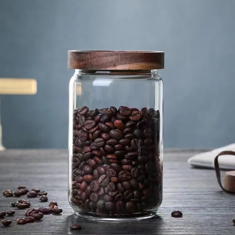 6 Set Glass Pantry Storage Jars with Acacia Airtight Lid - 23oz Thicken Glass Kitchen Canisters with 132 Pantry Labels - Clear Glass Food Storage Containers with Wood Lid for Tea,Sugar,Cookie,Coffee