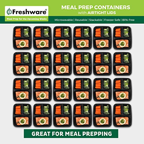 Freshware Meal Prep Containers 21 Count (Pack of 1), 3 Compartment with Lids, Food Storage Containers, Bento Box, Stackable, Microwave/Dishwasher/Freezer Safe (24 oz) - size: 3-COMP-21PK
