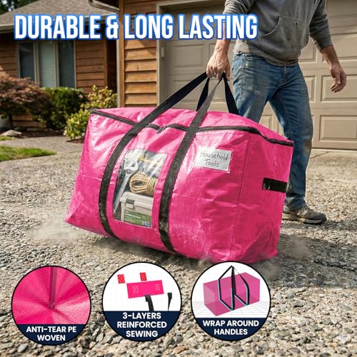 TAILI 12 Pack Pink Extra Large Moving Bags, Heavy Duty Totes with Visible Window, Wrap Around Handles, Space-Saving Storage Solution, Alternative to Moving Boxes - color: Pink, size: 12 Large