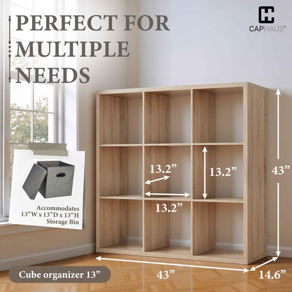 CAPHAUS Sturdy Room 13-Inch Cube Storage Organizer Shelf, with Extra Thick Exterior Edge, Open Storage Shelf Divider, Bookcase, 9-Cube, Natural Oak - color: Natural Oak, size: 9 Cube