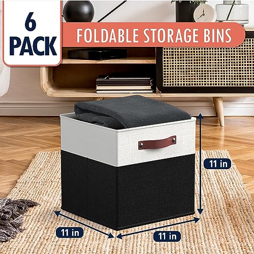 Ornavo Home 11 x 11 Storage Cube Bins, Foldable Collapsible Fabric Storage Bins Box Linen Shelf Basket Cube Organizer for Closet with Leather Handles, 6 Pack, White/Black - color: White/Black, size: Cube - 11 x 11 x 11