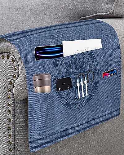 Sofa Armrest Organizer Bedside Caddy, Nautical Compass Non Slip Couch Remote Control Holder for Recliner, Navy Blue Striped Coastal Compass Arm Chair Caddy with Pocket for Magazine, Phone, 19.7"x35" - size: 19.7x35 in