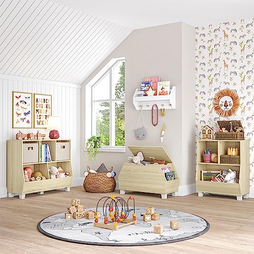 RiverRidge Kids Catch-All Collection Toy Box with Side Book Shelves Child-Safe Toy Storage Organizer with Childrens Bookshelf Side Slots for Kids Game and Book Storage - Light Woodgrain - color: Light Woodgrain