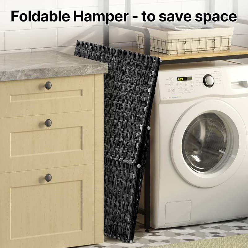 Greenstell Laundry Hamper with lid, No Install Needed, 110L Wicker Laundry Baskets Foldable 2 Removable Liner Bags, 2 Section Clothes Hamper Handwoven Rattan Laundry Basket with Handle, Black - color: Black, size: 110L (22.2x13.3x24.0 Inches)