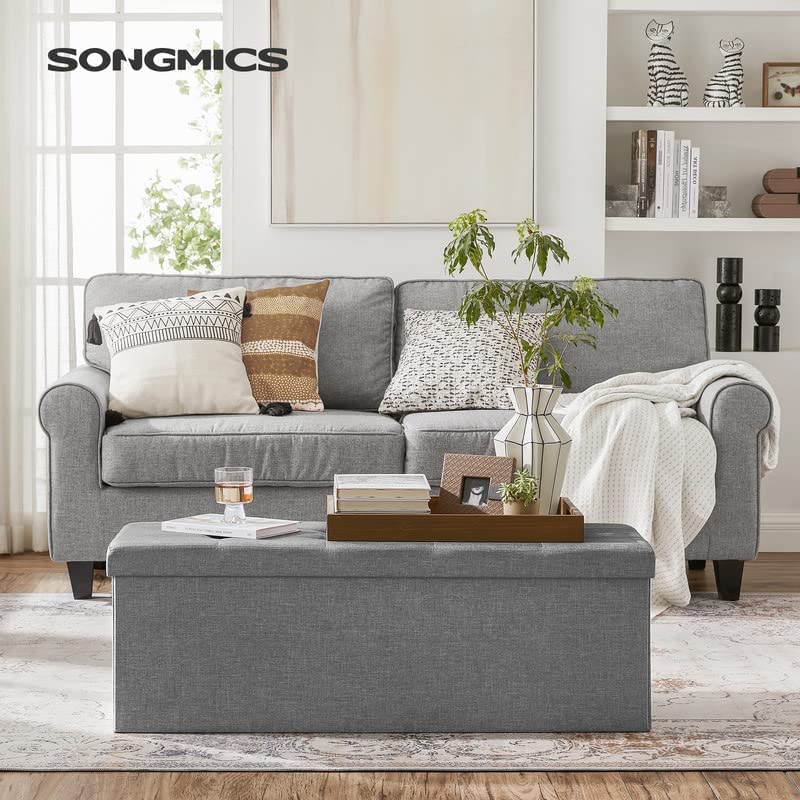 SONGMICS MAZIE Collection - 43 Inches Folding Storage Ottoman Bench, Ottoman Foot Rest, End of Bed Bench, Storage Chest, Load 660 lb, for Living Room, Bedroom, Entryway, Light Gray ULSF77G - color: Light Gray, size: 15"D x 43"W x 15"H