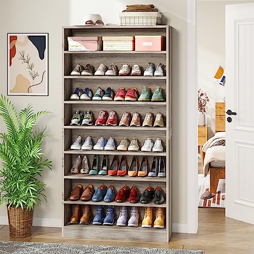 Tribesigns Tall Shoe Cabinet, 9 Tiers 40-45 Pairs Heavy Duty Wood Freestanding Shoe Storage Cabinet, 70.8'' Tall Shoe Cabinet with Open Storage for Entryway (1, Beige Gray) - color: Beige Gray