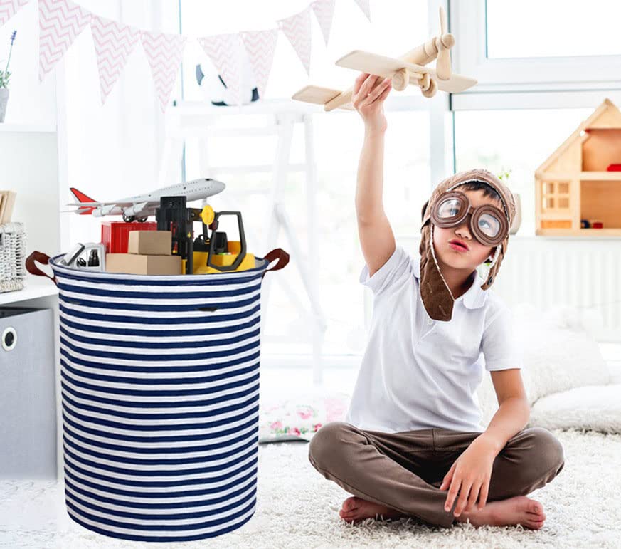 ESSME 2pack Kids Laundry Hamper,Boys laundry basket,Collapsible Bule storage basket with Waterproof PE Coating,Canvas Fabric Nursery Hamper for Kids Room Decor,Toy storage,Gift,Baby Clothing.(2pack Navy Blue stripes) - color: 2pack Navy Blue stripes