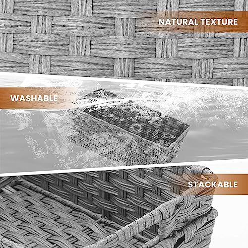 Onlytak Large Wicker Storage Basket, Metal Frame, Set of 2, Washable Waterproof, 15" x 10.3" x 5.2", Grey Color, Woven Basket for Pantry, Toilet, Bathroom, Bedroom, Patio - color: Grey, size: 15" x 10.3" x 5.2"