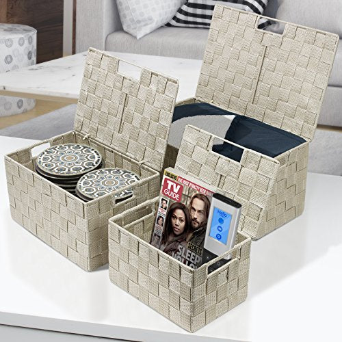 Sorbus Set of 3 Storage Baskets for Organizing with Lid – Mesh Hand-Woven Baskets for Closet, Shelf & Home Storage (Beige, Variety Pack) - color: Beige