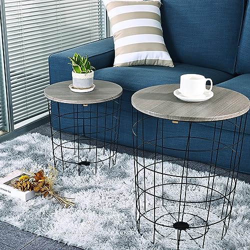 Elevon Nesting Table End Table Wire Basket Base with Wood Tops Side Table Set of 2, Gray - color: Grey
