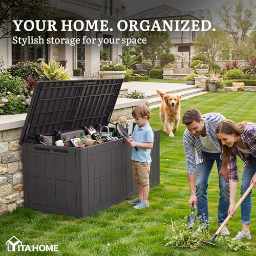 YITAHOME 134 Gallon Large Outdoor Storage Box with Lock, Waterproof Deck Box with Hydraulic Piston for Garden Tools, Pool Accessories & Cushions, Resin Deck Organizer with Bench Seat (Dark Brown) - color: Dark Brown, size: 134 Gallon, style: Deck Box