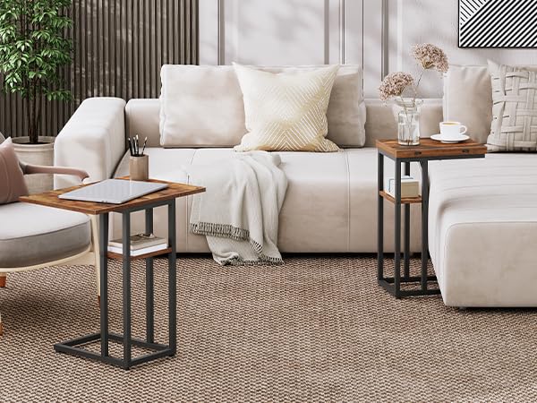 HOOBRO Foldable End Table, C Shaped Side Table with Storage Shelf, Small Snack Table Suitable for Living Room Bedroom Small Spaces, Easy Assembly, Rustic Brown BF29SF01 - color: Rustic Brown + Black