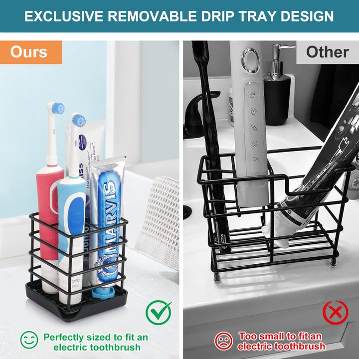 Toothbrush Holders for Bathrooms, Stainless Steel Bathroom Toothbrush Holder Kids Electric Tooth Brushing Holder Stand and Toothpaste Holder for Bathroom Accessories Organizer with Tray, Black (Small) - size: Small