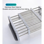 Adjustable Dish Drying Rack with Stainless Steel Drain Basket Over-The-Sink - Portable & Telescopic Space-Saving Solution for Fruit Vegetable