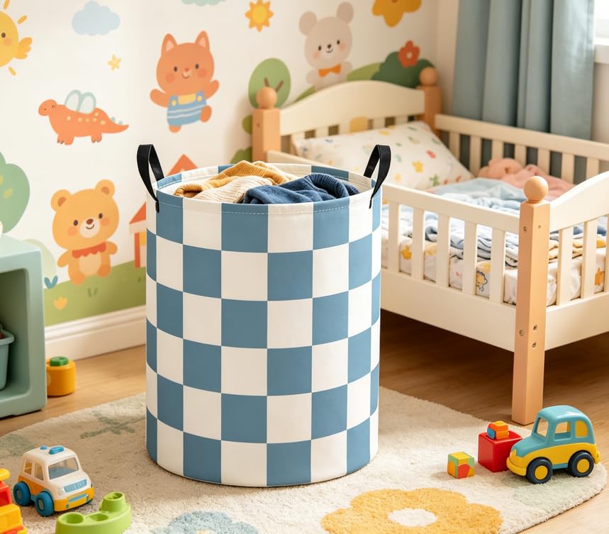 Baby Laundry Basket Baby Nursery Hamper Kids Laundry Basket Toy Storage Bin for Boys Room Decor Gift Baskets for Bedroom Bathroom(Blue Checkered) - color: Blue Checkered