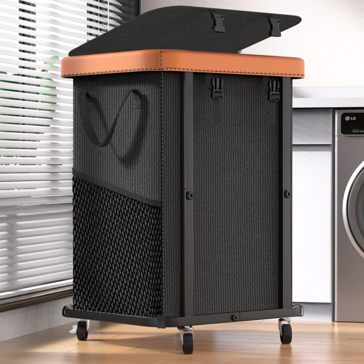 150L (40 Gal) Large Fashion Laundry Basket with Wheels, Leather Patchwork Rolling Hamper Carts, Sturdy Metal Frame, Removable Washable Bag, Tall Clothes Sorter for Bedroom, Laundry Room - Black - color: Black, size: 1 Section-150L