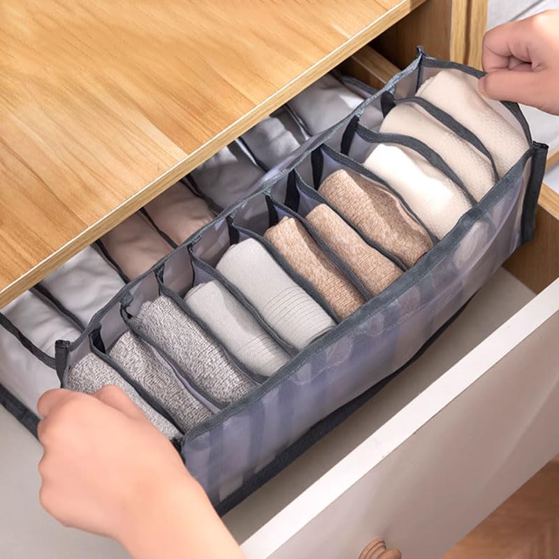 Socks Drawer Organizer Dividers, Foldable 11 Cell Drawer Organizers, Mesh Clothing Organizer Box for Socks Underwear,Grey - color: Grey